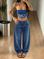 2026 New Light Blue Balloon Leg Denim Pants, Vintage Washed Oversized Barrel Jeans for Women, Elastic Hem Casual Trousers for Daily Wear - Deep Blue