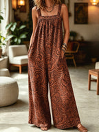 Women'S Summer Vintage Paisley Floral Print Square Neck Thin Strap Wide Leg Jumpsuit, Loose Fit with Pockets Bohemian One-Piece, Casual Vacation Style Long Length Overalls, Countryside Outing Lazy Outfit - Dark Brown