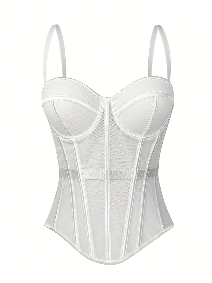 Elegant Mesh Sheer Fishbone Bustier, Tummy Control Shapewear Outerwear Elegant Tight Camisole Top, Stage Performance Strappy Top, Women'S Clothing - White