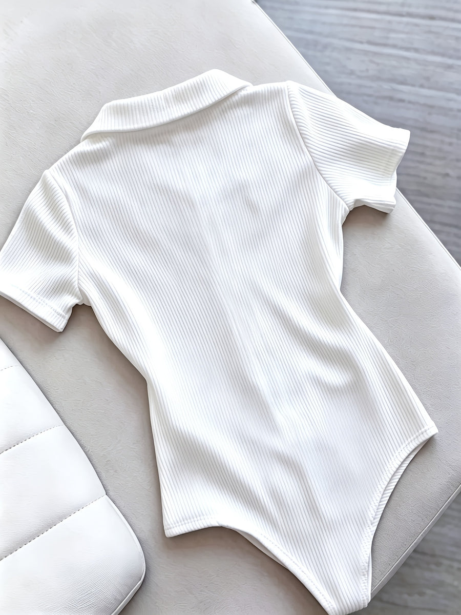 New 2026 Style! Summer Casual Lapel Bodysuit, Slim Fit Flattering Hot Short Sleeve T-Shirt, Versatile Basic Style ZLLZ - Off-white
