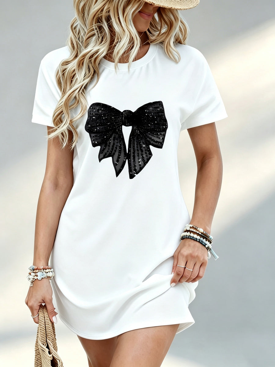 Printed Design - Not Textured, Casual Ladies Dress, Black Bowknot Pattern, Daily Wear, Gift for Girlfriend, 100% Polyester Fiber - White