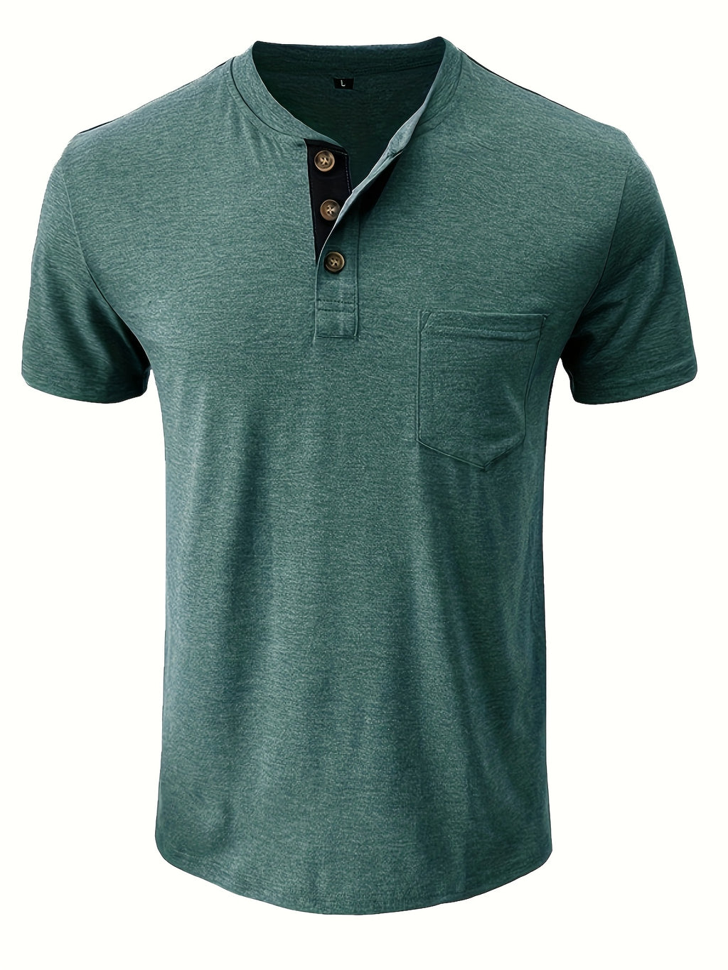 Men'S Summer Round Neck Short Sleeve T-Shirt Henley Shirt Pocket Top - Green