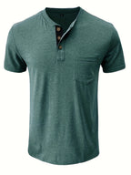 Men'S Summer Round Neck Short Sleeve T-Shirt Henley Shirt Pocket Top - Green