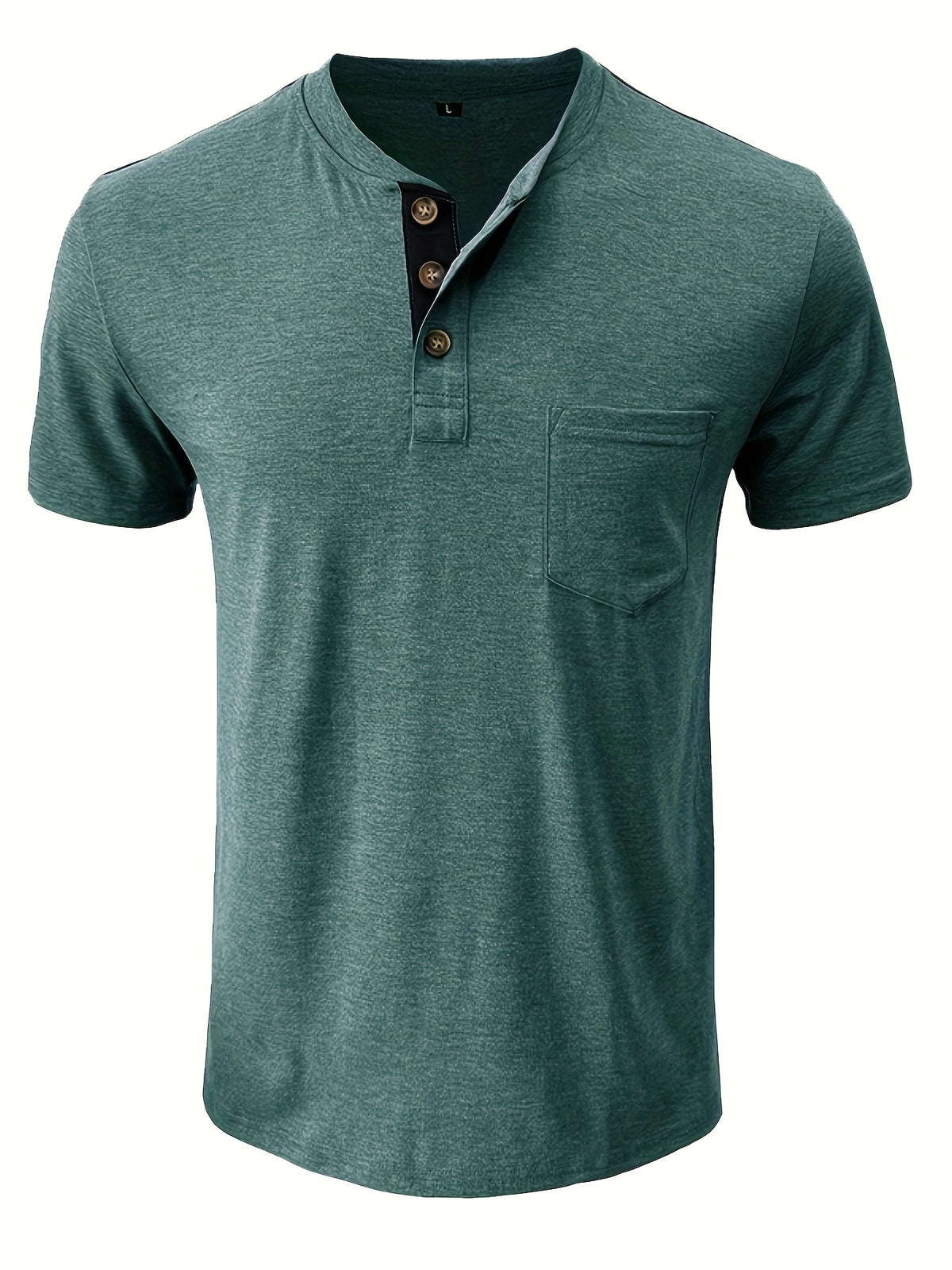 Men'S Summer Round Neck Short Sleeve T-Shirt Henley Shirt Pocket Top - Green
