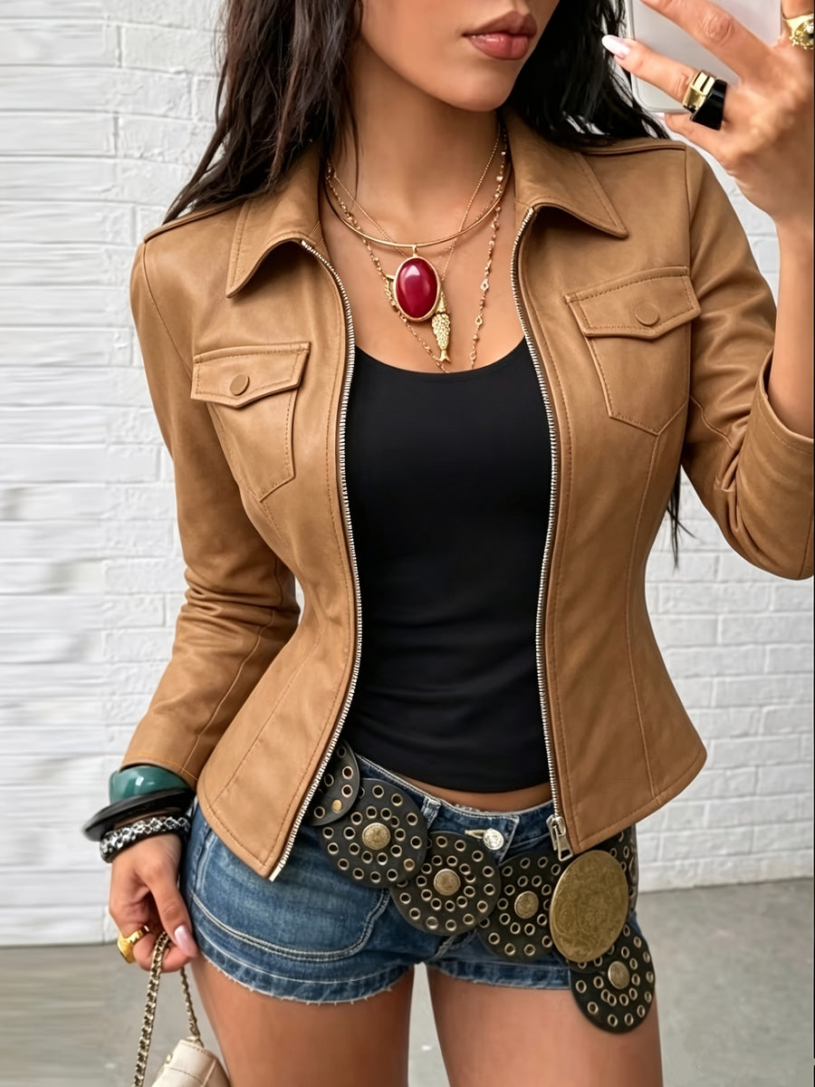 Women's Elegant PU Jacket, Fashionable Casual Solid Color Zipper Slim-Fit Jacket for Daily Wear - Camel