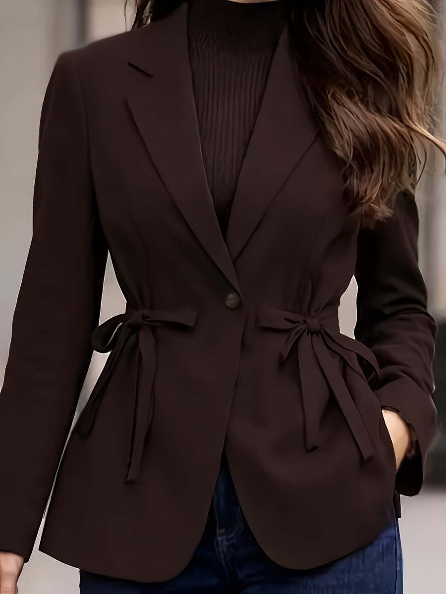 Elegant and Fashionable Women's Solid-color Lapel Blazer with a Cinched Waist, Bow-tie Belt, Single-breasted, and Slim-fit Design, Suitable for Commuting, Workplace, and Daily Wear - Reddish Brown