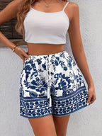 Summer New Elastic Waist Tassel Patchwork Print Beach Casual Loose Shorts Women'S - Multicolor