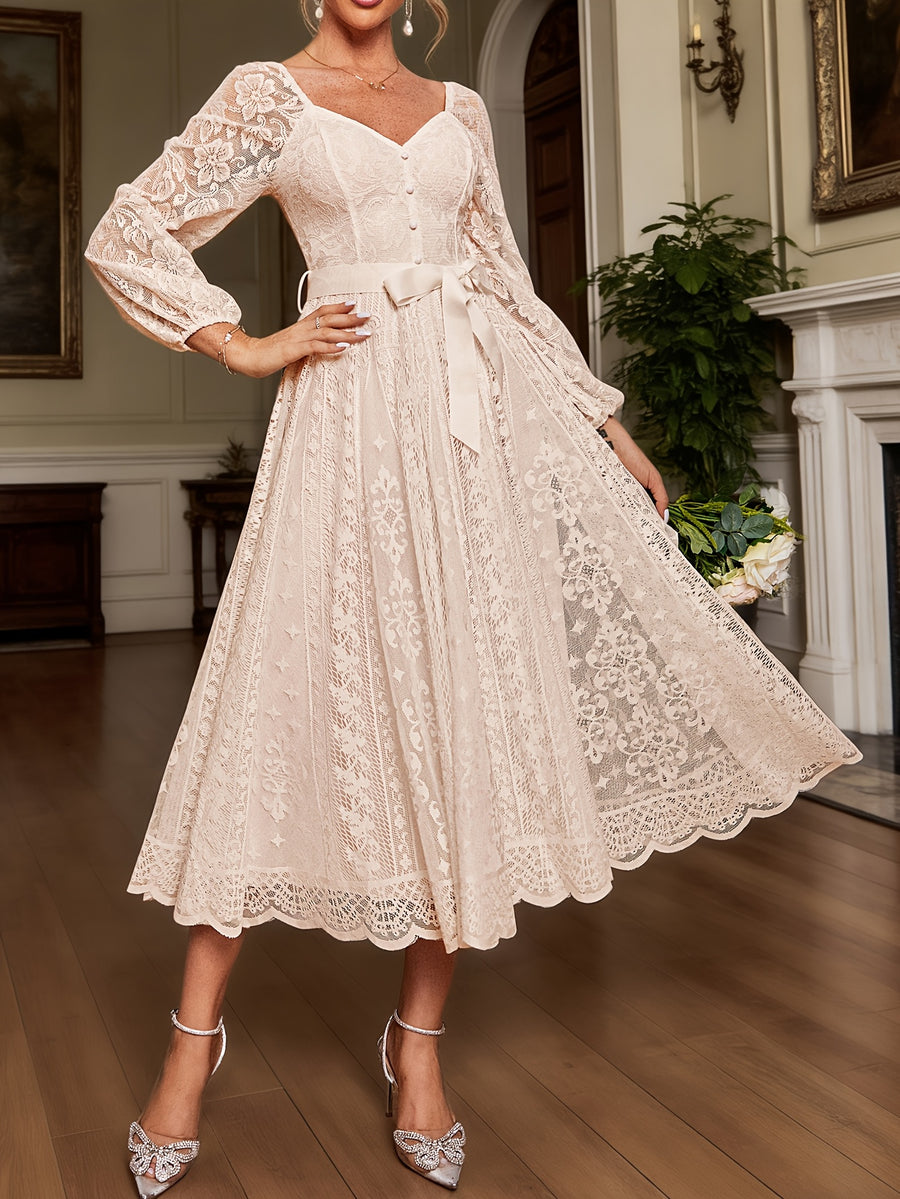 Wedding Guest Dress Long Sleeve Lace Gown Bridesmaid Dress Button Square Neck Elegant Fashionable Soft Dress Romantic Evening Dress - Apricot