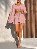 Women's 3pcs Summer Set, Solid Color Ruffle Trim Camisole Top + High-Waist Shorts + Long-Sleeve Button-Up Shirt, Casual Vacation Beachwear - Bean Paste Pink