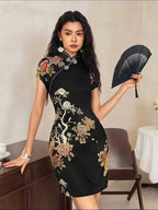 Elegant, Exquisite and Fashionable Women's Chinese Style Cheongsam Dress, Bridesmaid DressStand Collar, Oblique Placket and Frog Button DesignShort-sleeved, Slim Fit, Hip-hugging Short VersionSuitable for Daily Commute and New Chinese Style Wear - Black