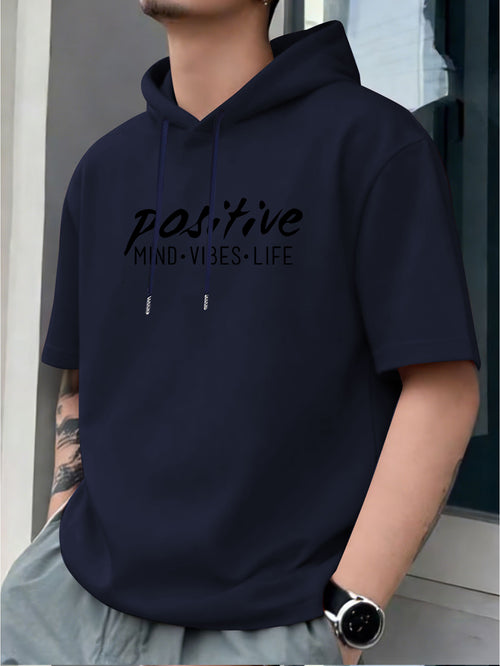 "Positive" Print: Healing Style Daily Men'S Hooded T-Shirt, Novelty Casual Short-Sleeved Hoodie T-Shirt, Loose Top Hooded Short-Sleeved Print, Versatile Men'S Casual Knitwear, Summer Outdoor Casual Short-Sleeved Black, Retro Fashion Trendy Outfit - Navy Color