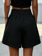 Women's Pure Shorts Featuring a High-waisted Elastic Design, a Loose Wide-leg Fit with Pockets, and a Solid Color; Perfect for Summer—loose and Breathable - Black