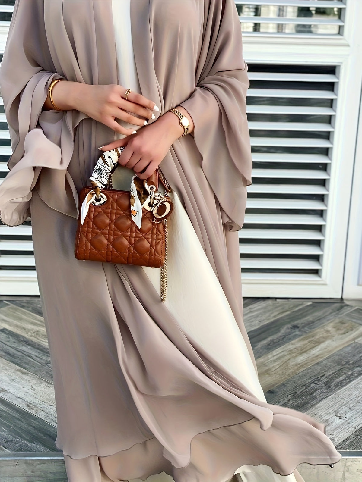 Ramadan Islamic Modest Dress Without Hijab, Long Sleeve Open Front Casual Modest Muslim Dress, Women's Clothing - Khaki