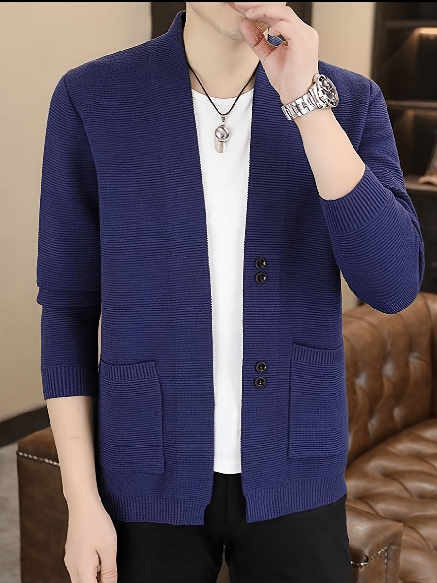 [Dulinglan OBM] Spring/Autumn New Men'S Knit Cardigan, Old Money Style Solid Striped Open Collar V-Neck Knit Cardigan Men'S Business Casual Fashion Open Collar Knit Sweater Top, Suitable for Spring, Autumn, Layering Or Outerwear - Dark Blue