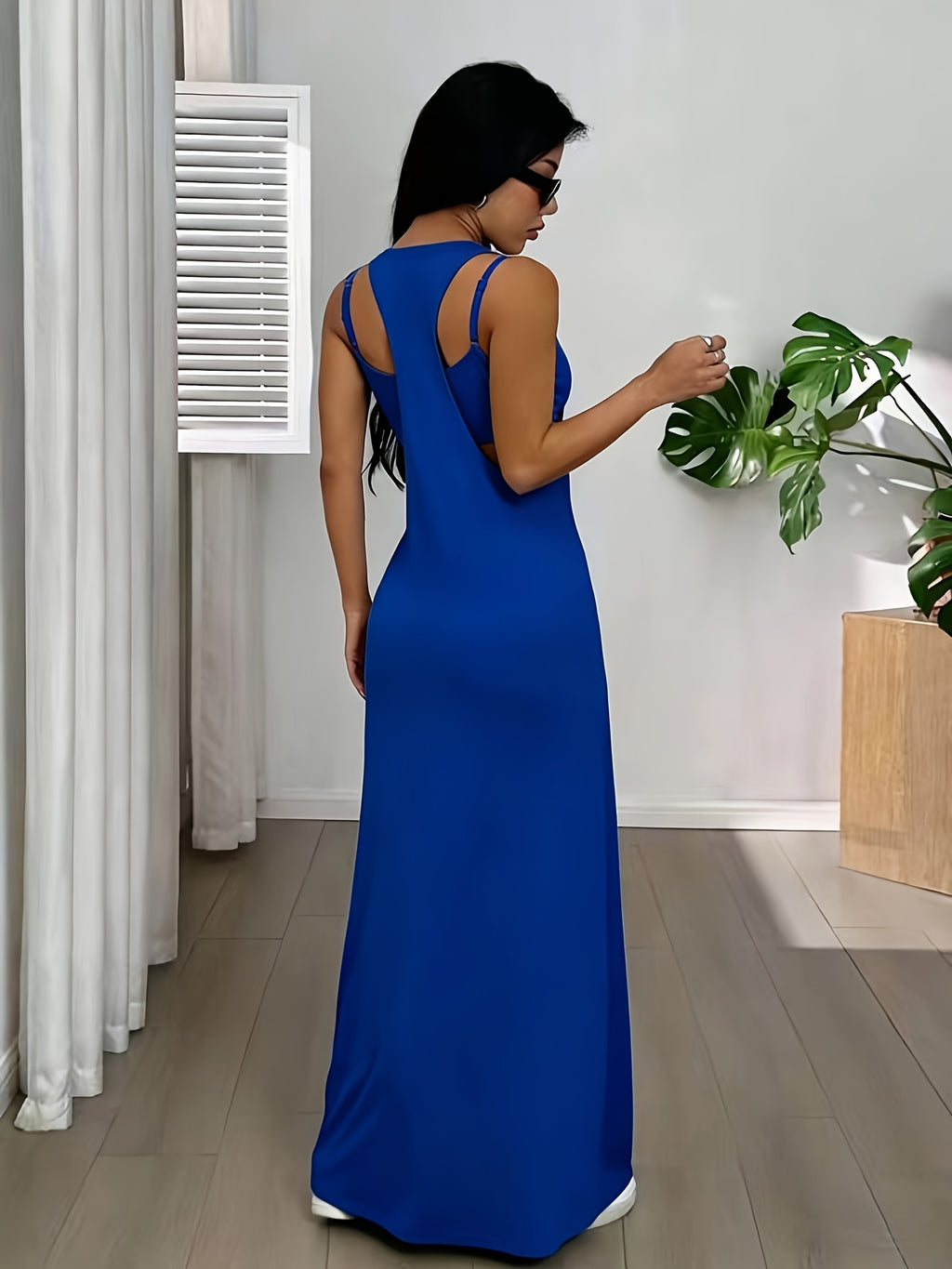 The Solid Color Asymmetrical Neckline Sleeveless Casual Dress Set Is Perfect for Summer Wear - Blue