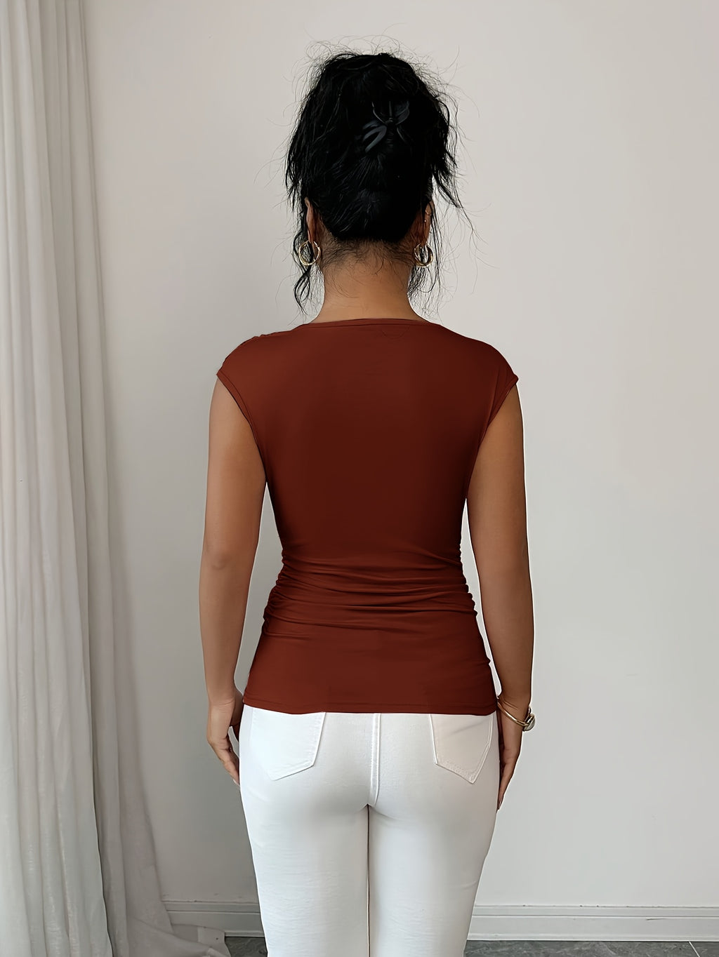 Spring/Summer Fashionable and Elegant Ruffle Pleat Collar Daily Casual T-Shirt - Brick Red