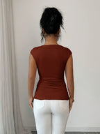 Spring/Summer Fashionable and Elegant Ruffle Pleat Collar Daily Casual T-Shirt - Brick Red