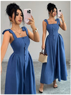 Women' Elegant A-Line Bridesmaid Dress with Square Neck & High-Waisted Waist-Cinching Bow Camisole Dress - Machine Washable Solid Color Suitable for Beach Wedding Guest Dresses, Daily Wear, Parties, Vacations, Bridesmaids Outfits - Blue