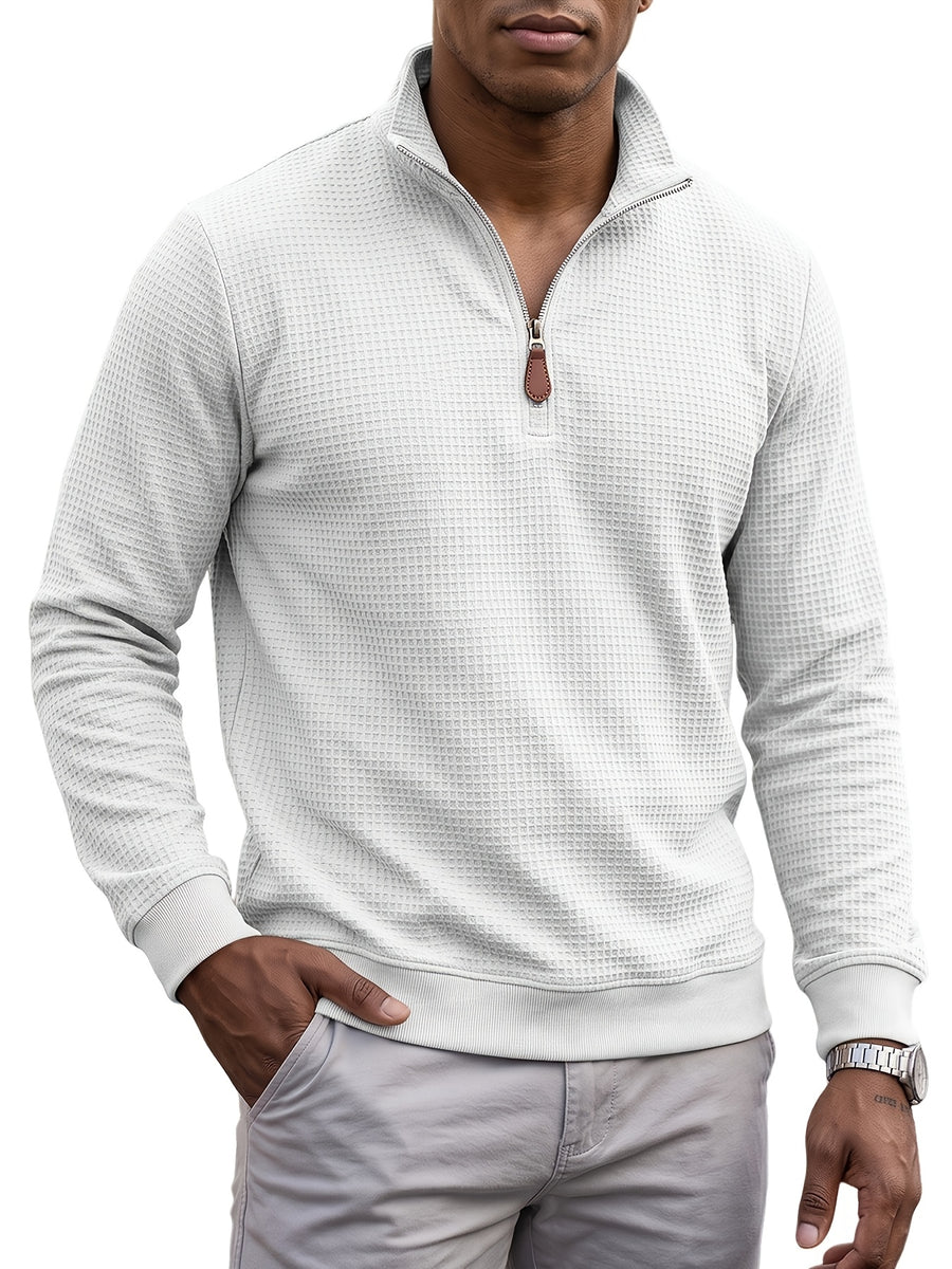 Men's Casual Half-Zip Sweatshirt, Waffle Knit Fabric, Comfortable and Breathable, Versatile for Spring and Autumn, Suitable for Outings and Vacations, an Essential for Daily Wear - White