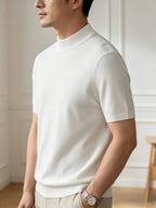 Men'S Solid Mock Neck Short Sleeve Knit Sweater, Soft Skin-Friendly Wool Blend Pullover, Stretch Slim Fit Basic Knit Top, Rib Neck Cuff, Business Commute Daily Casual Shirt, Versatile Inner And Outer Wear Men Base Layer - White