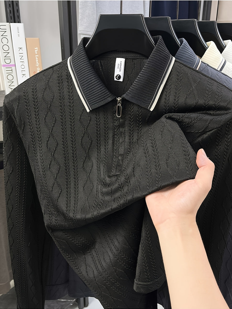 Men's Half-Zip Lapel Long-Sleeve Polo Shirt, Full-Rhombus Jacquard Texture, Contrast-Color Ribbed Collar, Simple Light-Luxury Top, for Business Receptions, Daily Commuting, Loose-Fit Men's Long-Sleeve T-Shirt - Black