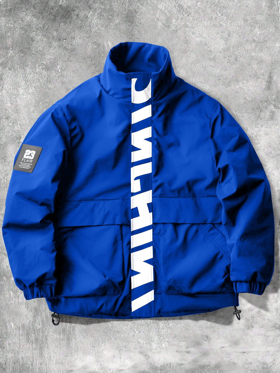 Men's Stand Collar Jacket with Letter Print, Fashionable and Versatile, Large Pocket Design, Suitable for Outdoor Activities, School, Daily Commute, All-Season Wear. XMJK093 - Royal Blue