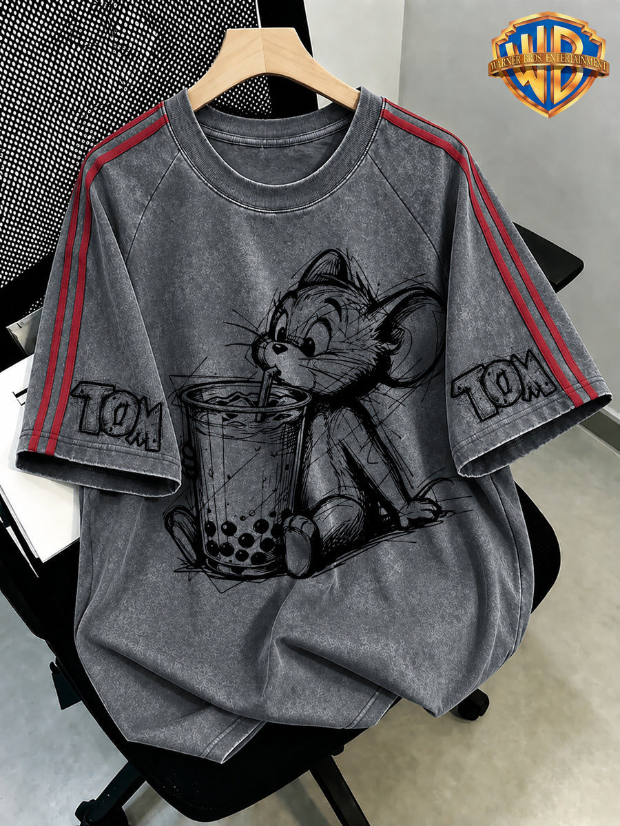 WB Warner Bros. Official License, Washed Vintage Distressed T-Shirt, Hand-Drawn Cartoon Milk Tea Combination Niche Cute Print Short Sleeve Top, Men'S Loose Retro Streetwear Outfit - Grey