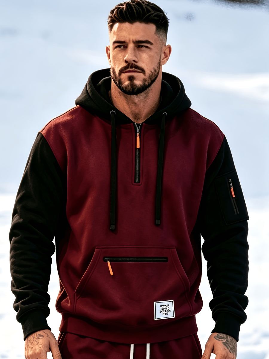 Men'S Fashion Color-Block Pullover Sweatshirt Jacket, Men'S Casual Zipper-Decorated Half-Open Cardigan Sweatshirt Top - Deep Red