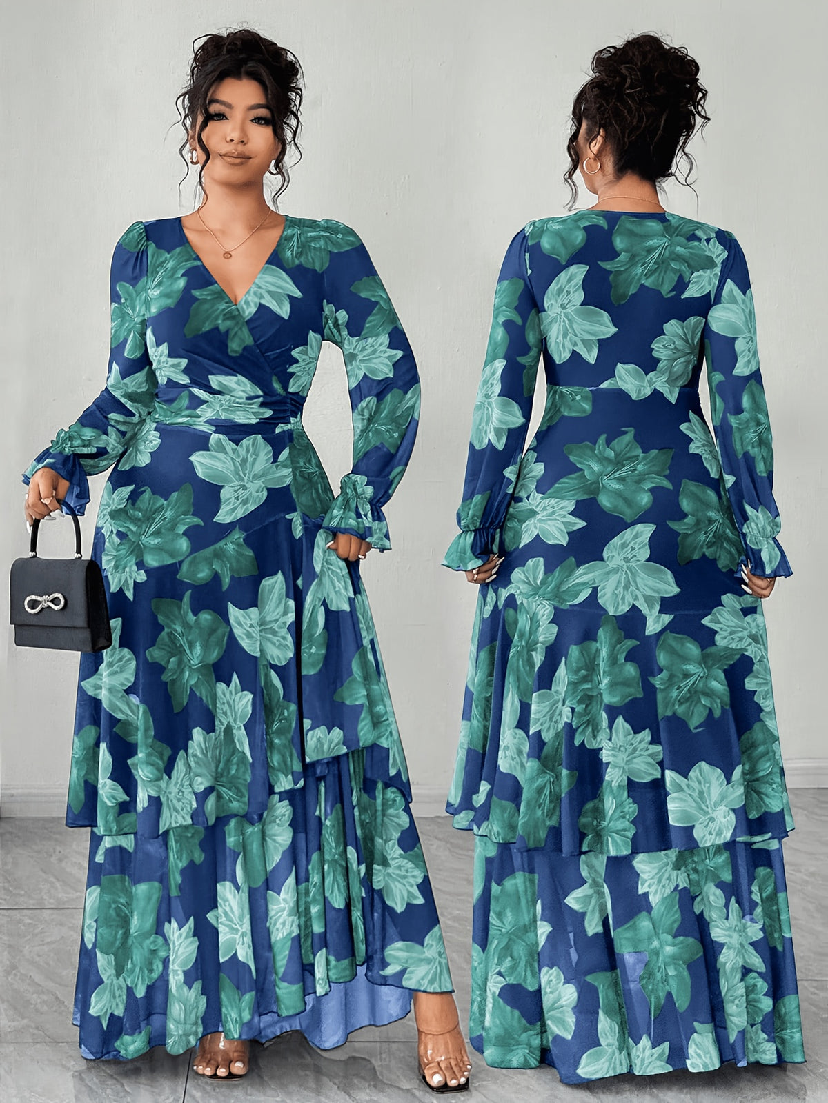 Plus Size, Plus Size Vintage Teal Blue Botanical Print V-Neck Wrap Long Dress with Flared Long Sleeves, Waist-Cinching, for Vacation, Mermaid Style - Blue