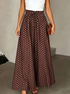 Summer Elegant Chic Romantic Women'S Printed Ruffled Waistband Wide-Leg Casual Loose Vacation Trousers with Fake Drawstring Casual Style - Coffee Brown