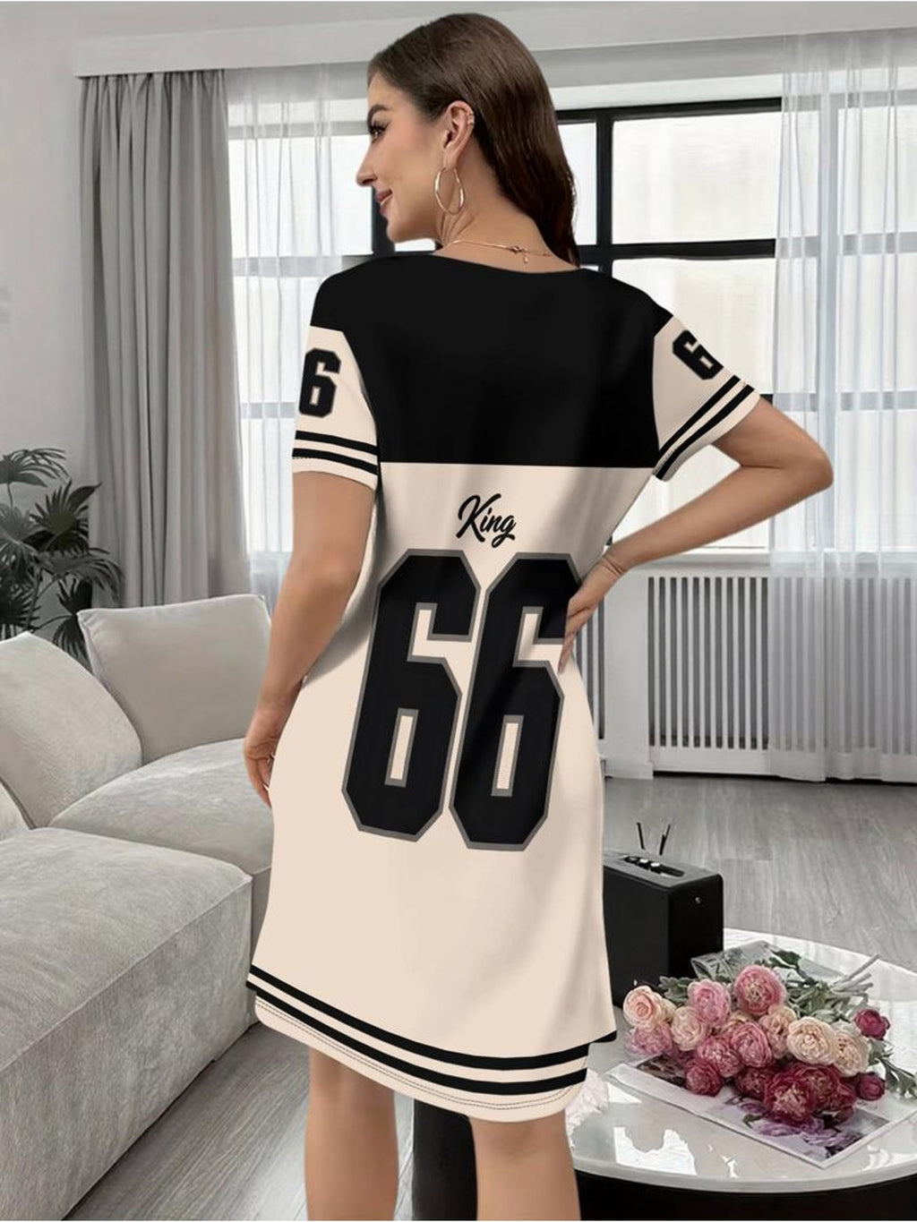 Digital Print - Women'S Casual Home Top, Fabric Material, Black And White Colorway, Featuring "167.64cm And "King" Prints, Short Sleeve Round Neck, Striped Details, Multiple Sizes Available, Suitable for Indoor Casual Women'S Long T-Shirt - Mixed colors