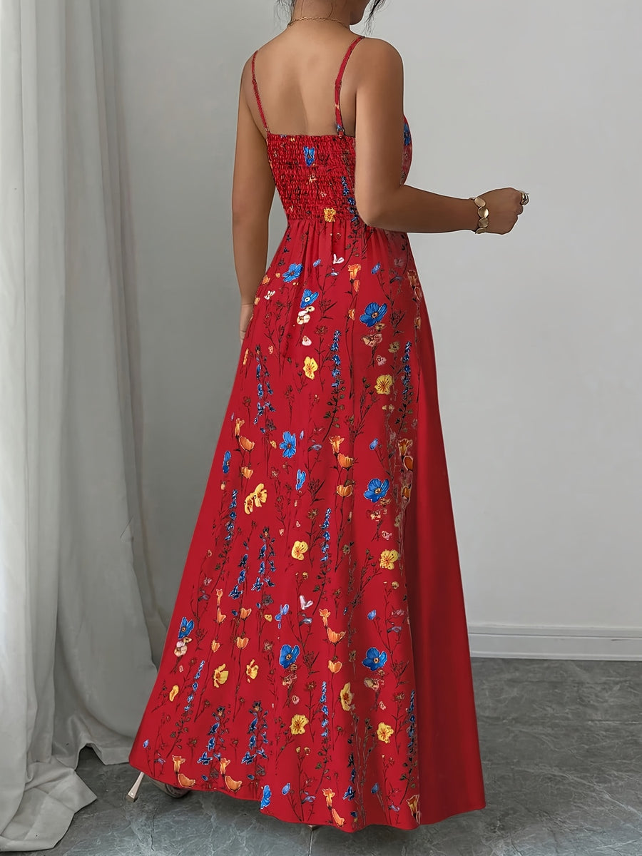 Spring And Summer New Elegant Resort European And American Fashion Trend Casual Women'S Clothing Floral Print Sleeveless Square Neck Suspender Dress - Red