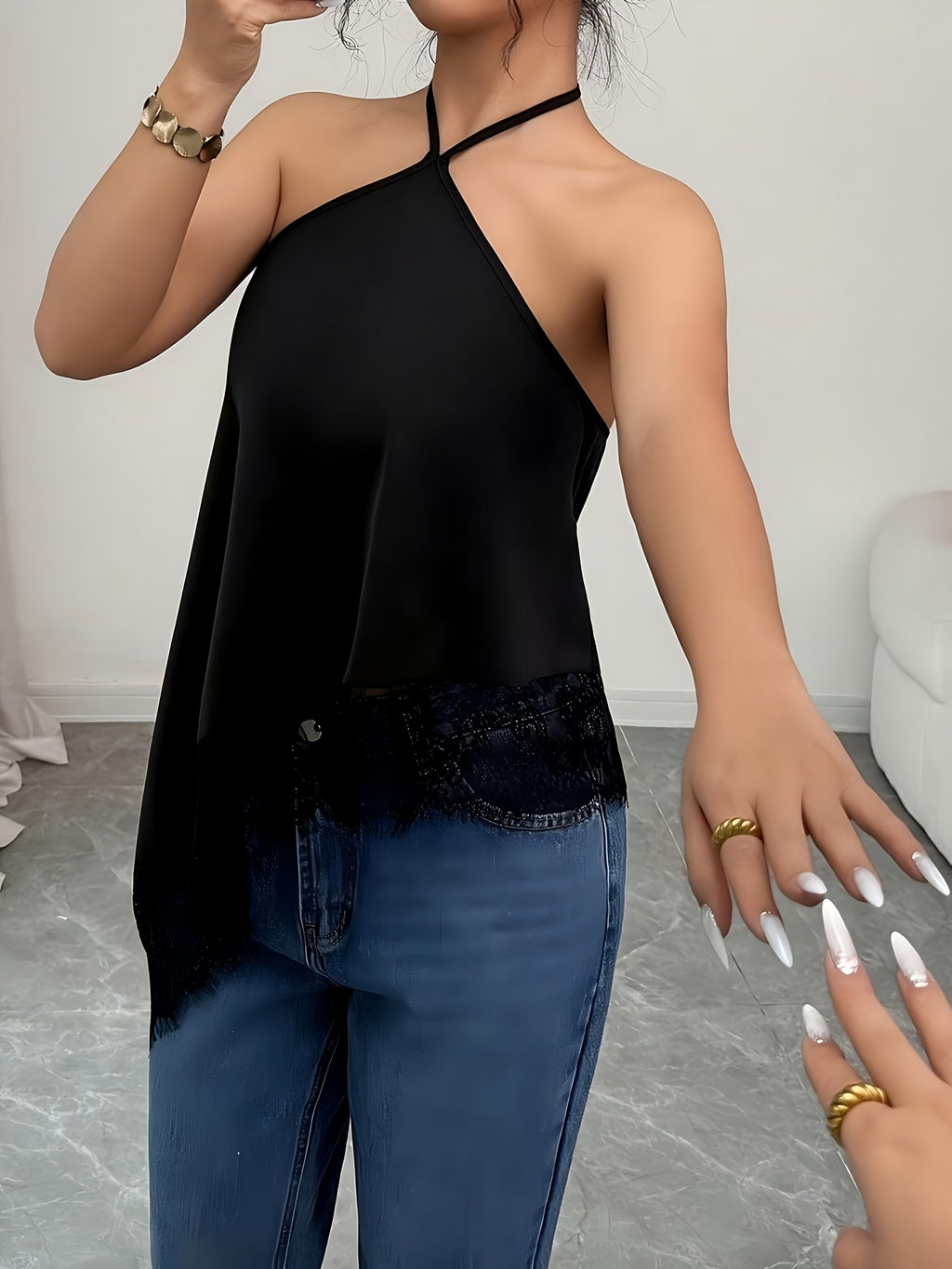 New Summer Satin Women's Camisole, Halter Neck Tie, Asymmetrical Lace Hem, Sexy Women's Camisole, Luxurious Lace-Trimmed Backless Bodycon Camisole, Sexy Sleeveless Top, Suitable for Parties, Cocktail Events, Formal Occasions, and Business Casual - Black