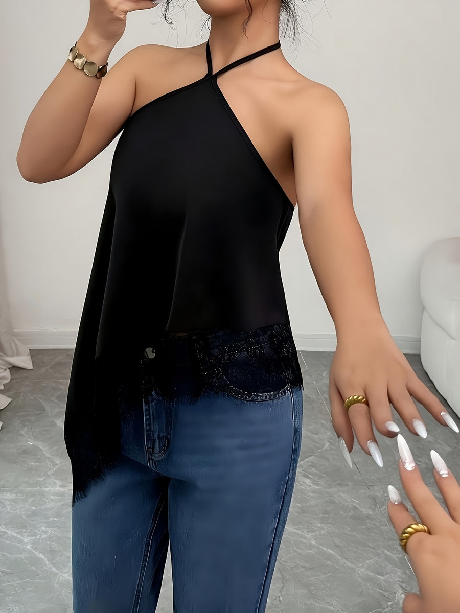 New Summer Satin Women's Camisole, Halter Neck Tie, Asymmetrical Lace Hem, Sexy Women's Camisole, Luxurious Lace-Trimmed Backless Bodycon Camisole, Sexy Sleeveless Top, Suitable for Parties, Cocktail Events, Formal Occasions, and Business Casual - Black