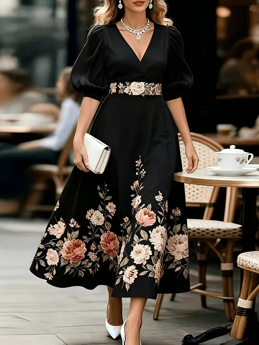 French Retro V-Neck Floral Dress, Puff Sleeve Waist-Cinching Tie-Belt Long Dress for Dates, Afternoon Tea, And Commuting - Black