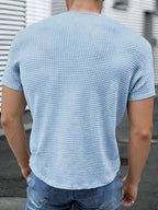 Men's Short-Sleeve Knitted Summer Fashion Jacquard Outerwear Casual Base Layer Solid Color High-Quality Top for Outings, Daily Wear, and Travel Clothing - Blue