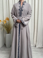 An Elegant Arabic Robe in a Single Piece, Adorned with Ethnic Style Patterns - a Long-Sleeved Dress Suitable for Muslim Women, Perfect for All Seasons, Seasonal Dress | Elegant Robe | Exquisite Patterns, Robe Dress - Slate Grey