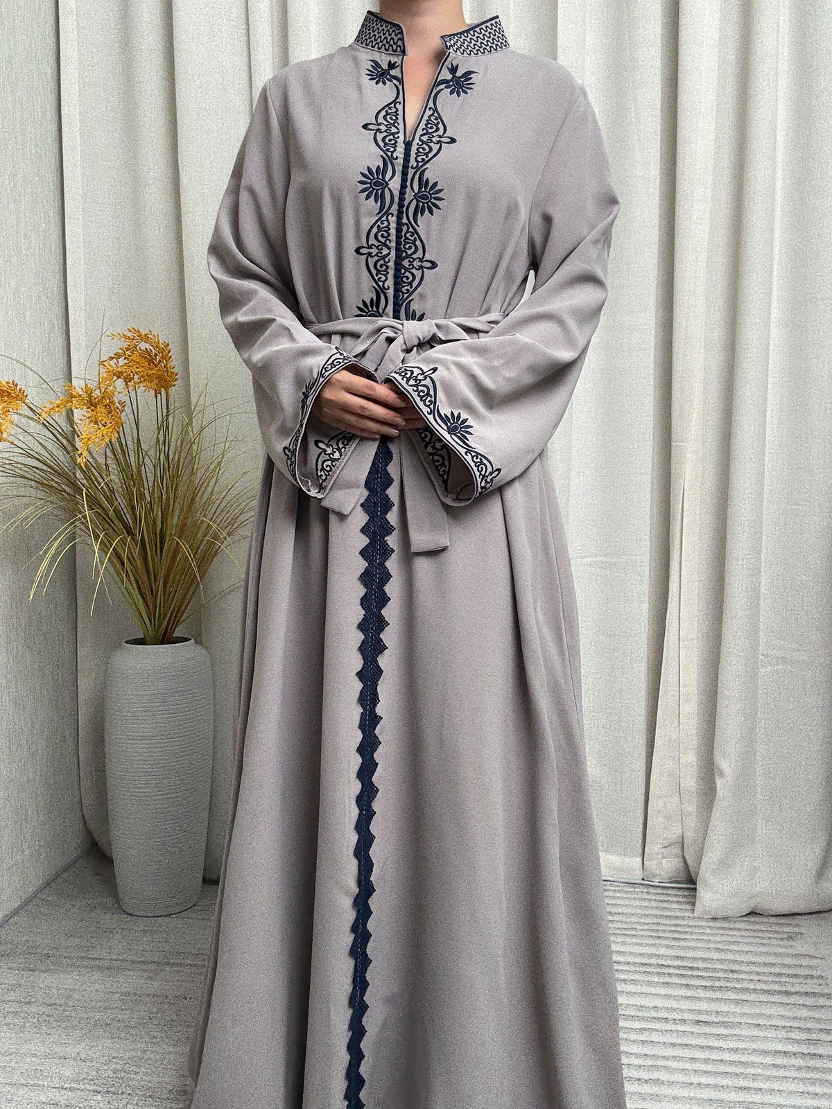 An Elegant Arabic Robe in a Single Piece, Adorned with Ethnic Style Patterns - a Long-Sleeved Dress Suitable for Muslim Women, Perfect for All Seasons, Seasonal Dress | Elegant Robe | Exquisite Patterns, Robe Dress - Slate Grey