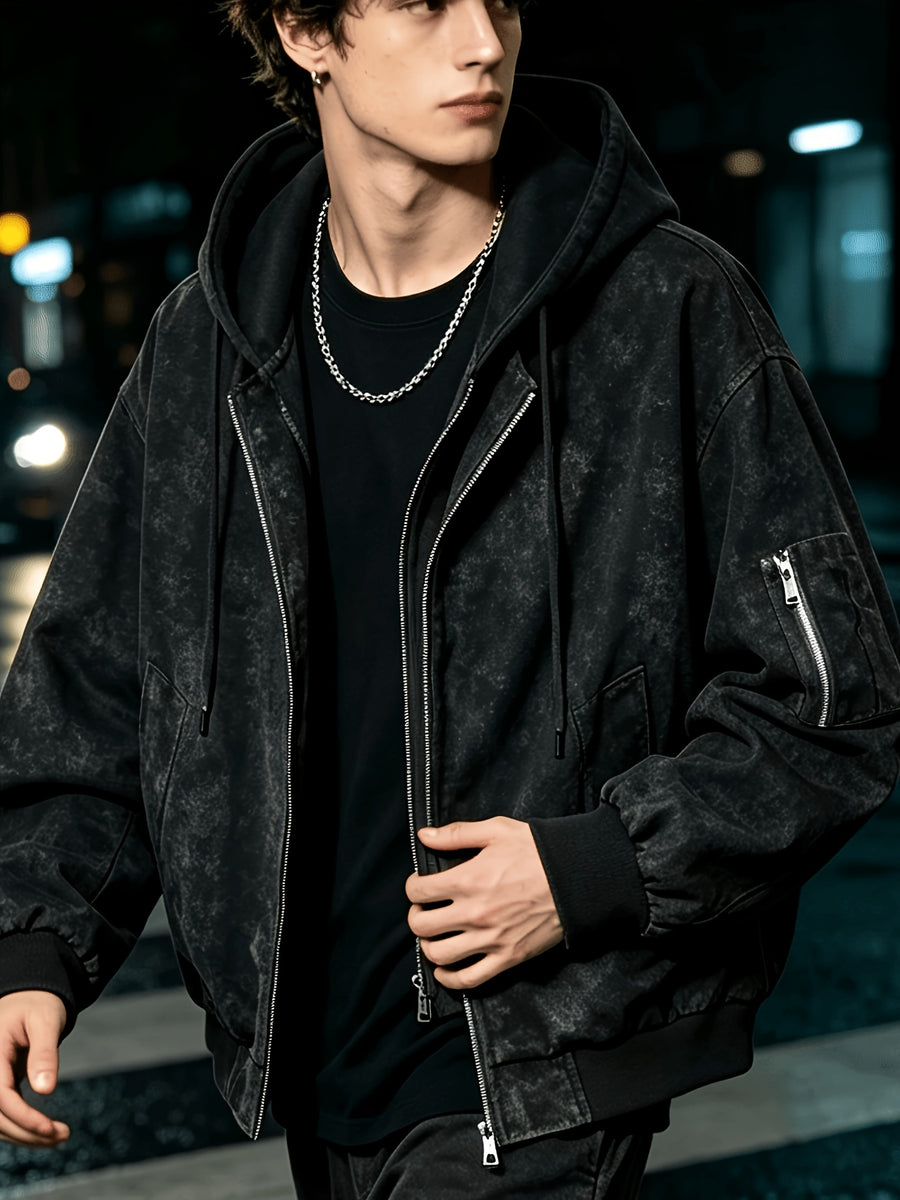 Men's Vintage Washed Layered Hooded Bomber Jacket, Distressed Faux Zip Up Coat, Loose Fit Streetwear Casual Outerwear with Arm Pocket - Black