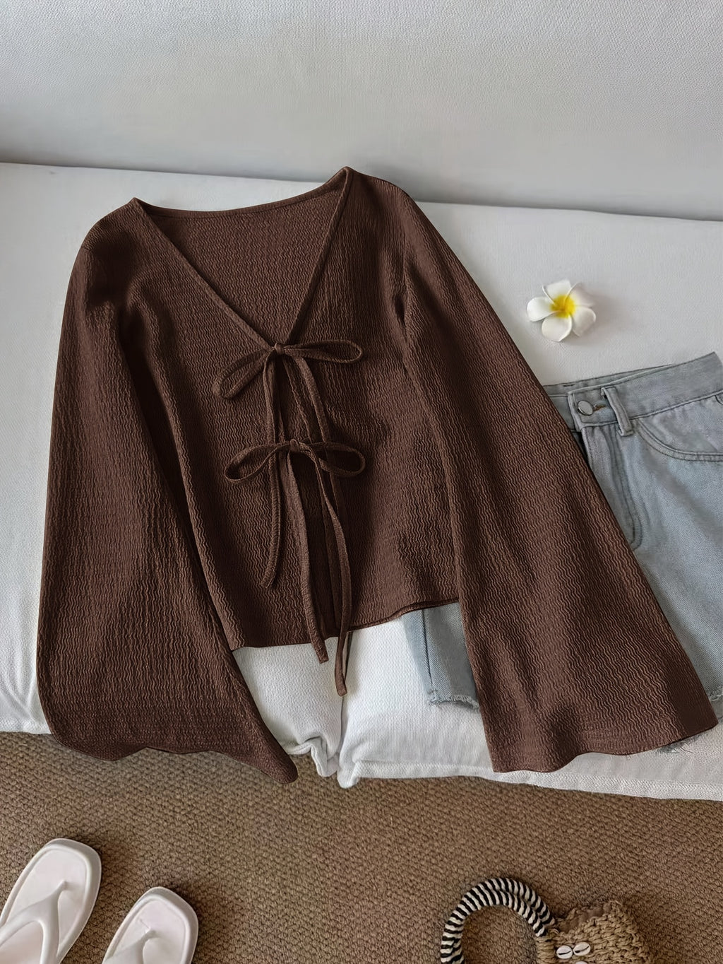 Solid Color Front-Tie Bow Open-Front Fashion Flared Sleeve Blouse New Women'S Short Top - Coffee Color