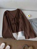 Solid Color Front-Tie Bow Open-Front Fashion Flared Sleeve Blouse New Women'S Short Top - Coffee Color