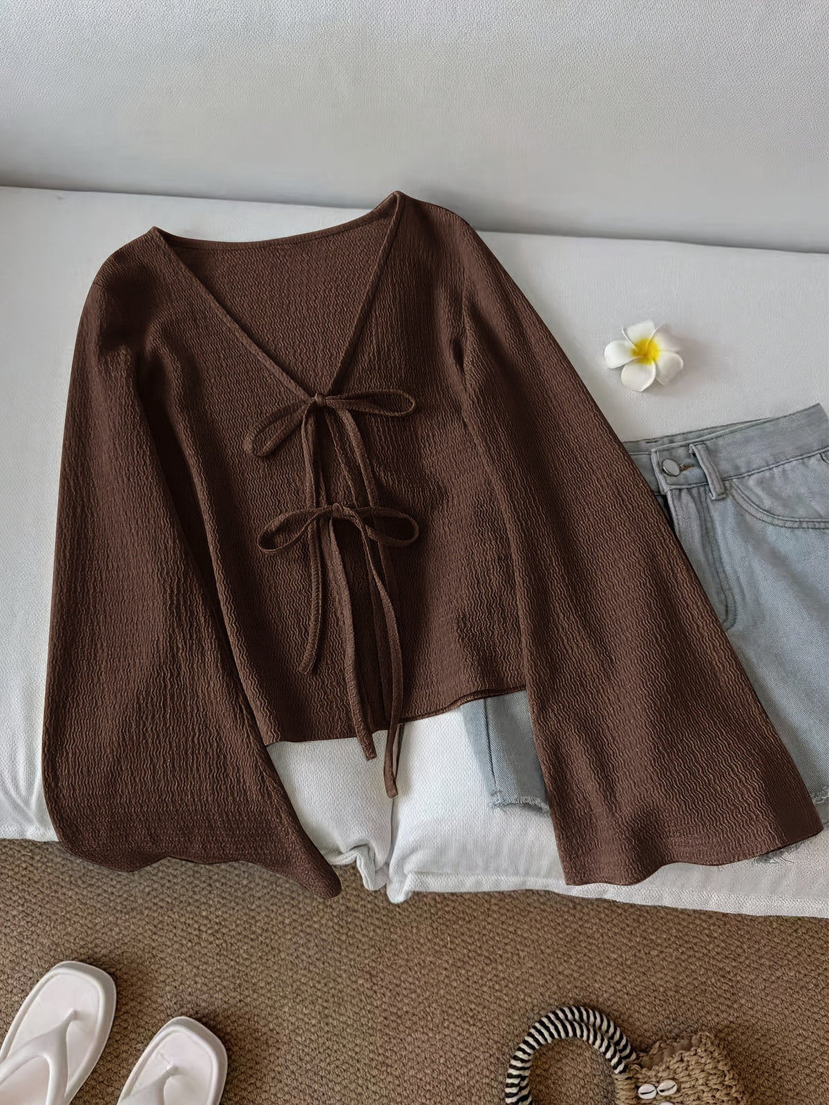 Solid Color Front-Tie Bow Open-Front Fashion Flared Sleeve Blouse New Women'S Short Top - Coffee Color