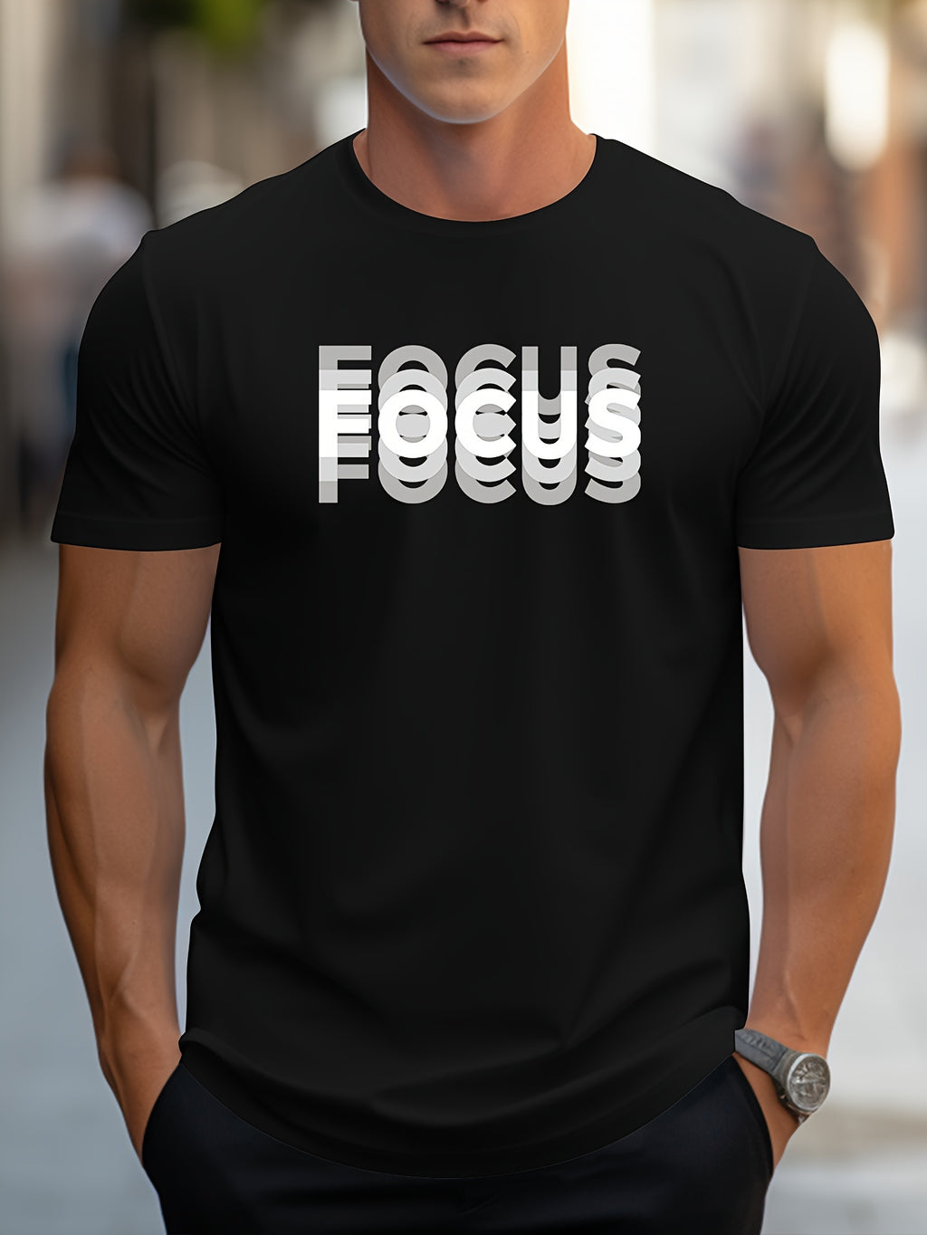 Unisex Trendy Letter Print Crew Neck T-Shirt, A Must-Have for Style Enthusiasts! Gradient FOCUS Design, Ultra Stylish & Streetwear-Inspired! Minimalist yet Versatile! - Black