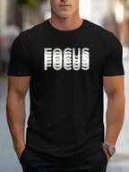 Unisex Trendy Letter Print Crew Neck T-Shirt, A Must-Have for Style Enthusiasts! Gradient FOCUS Design, Ultra Stylish & Streetwear-Inspired! Minimalist yet Versatile! - Black