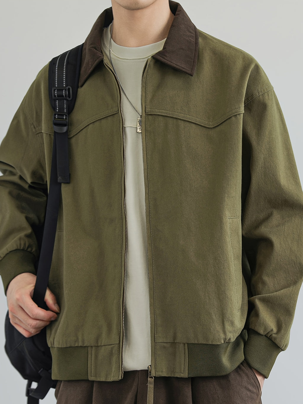 Jingmeleng Selection Men's New Outdoor Workwear Vintage Lapel Jacket - Contrast-Color Corduroy Collar - Solid Color Fabric with Drawstring - Metal Vintage YKK Zipper - Hem and Cuff Ribbed Design - Loose Fit Fashionable Trendy Casual Outerwear - Olive