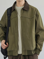 Jingmeleng Selection Men's New Outdoor Workwear Vintage Lapel Jacket - Contrast-Color Corduroy Collar - Solid Color Fabric with Drawstring - Metal Vintage YKK Zipper - Hem and Cuff Ribbed Design - Loose Fit Fashionable Trendy Casual Outerwear - Olive
