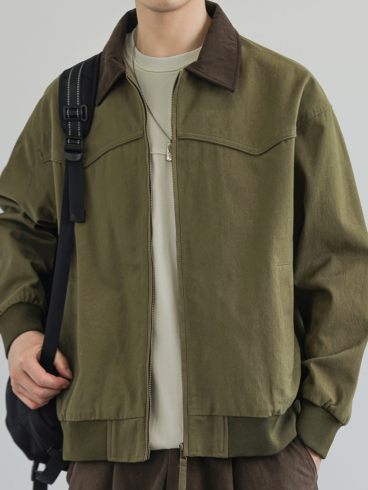 Jingmeleng Selection Men's New Outdoor Workwear Vintage Lapel Jacket - Contrast-Color Corduroy Collar - Solid Color Fabric with Drawstring - Metal Vintage YKK Zipper - Hem and Cuff Ribbed Design - Loose Fit Fashionable Trendy Casual Outerwear - Olive