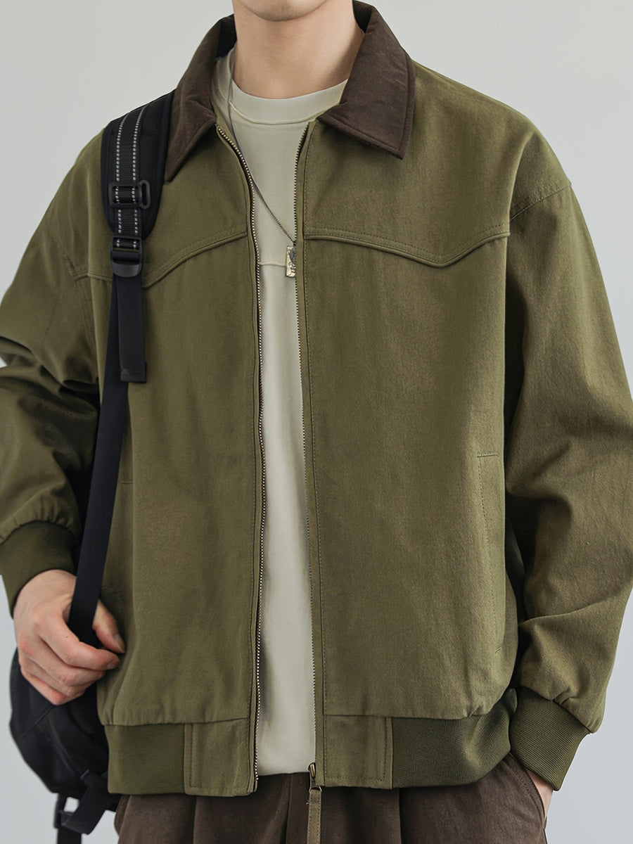 Jingmeleng Selection Men's New Outdoor Workwear Vintage Lapel Jacket - Contrast-Color Corduroy Collar - Solid Color Fabric with Drawstring - Metal Vintage YKK Zipper - Hem and Cuff Ribbed Design - Loose Fit Fashionable Trendy Casual Outerwear - Olive