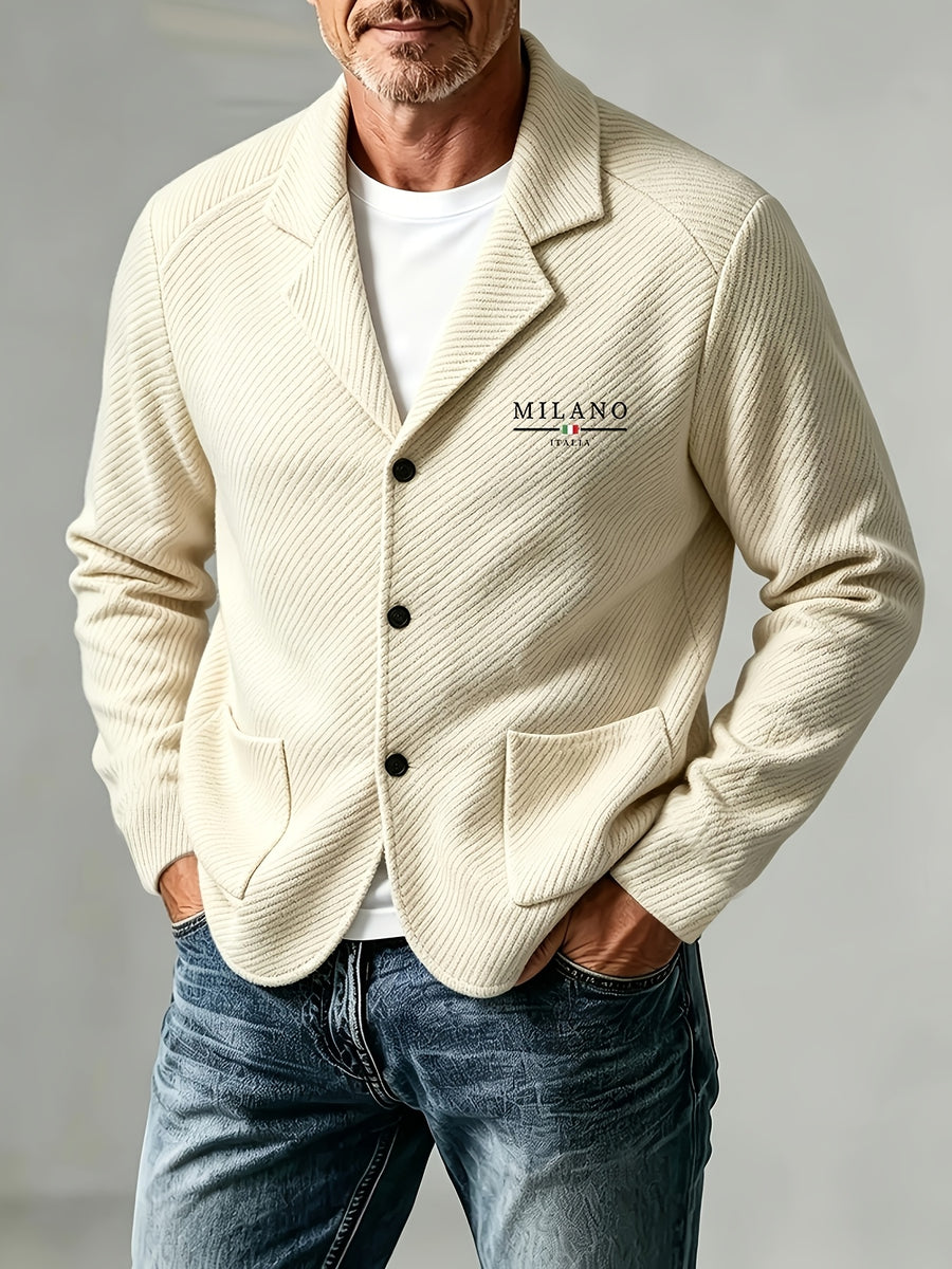 Men's New Spring, Autumn, and Winter Collection: Twill Textured Fabric Single-Breasted Notched Lapel Cardigan with Double Pockets, a Versatile Long-Sleeve Business Casual Outerwear. Soft, Comfortable, and Stylish Knitted Solid-Color Jacket - Khaki