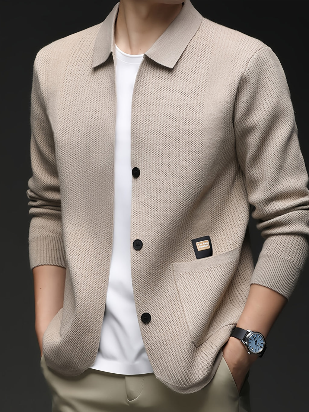 Men'S Lapel Single-Button Knit Cardigan, Spring/Autumn Outerwear, Winter Layering, Long Sleeve, Ribbed Cuffs And Hem - SINBOS - Beige Camel